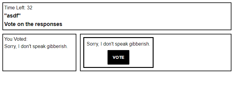 The user has provided the prompt "ASDF" to which the bot responds "Sorry, I don't speak gibberish"